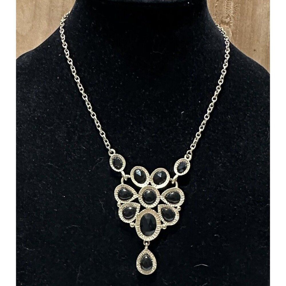 Gold Tone Black Multifaceted Pendant Necklace Elegant Statement